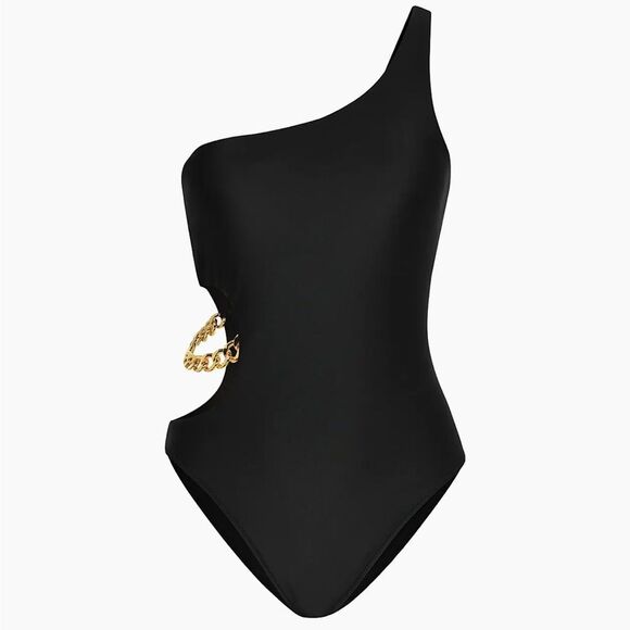 L’AGENCE • Black Solids Ava Asymmetric Chain One-Piece Swimsuit - Picture 4 of 8